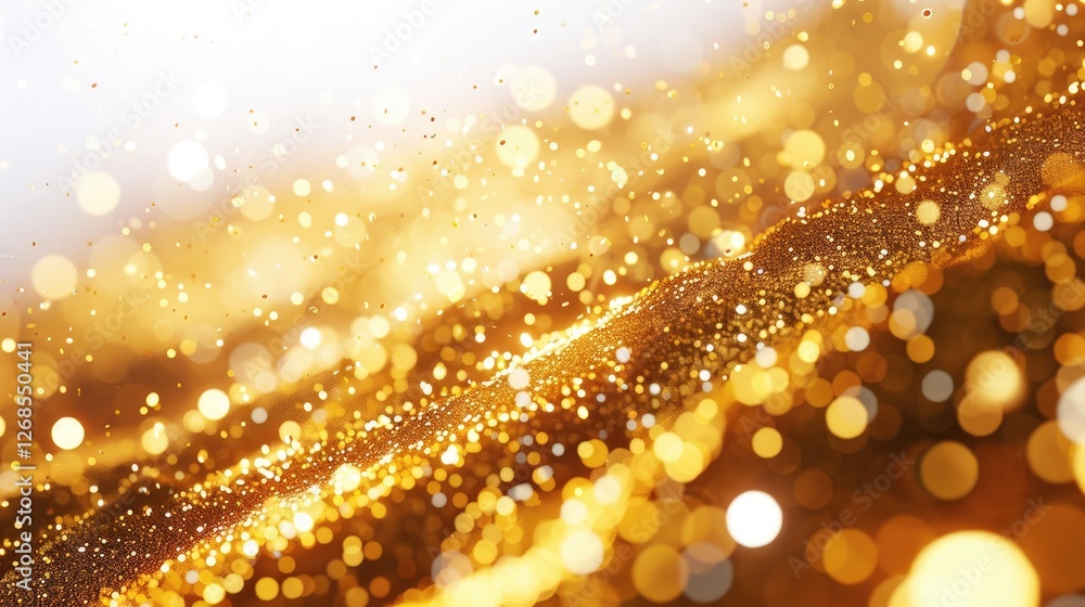Poster stunning image of golden particles shimmering on a soft white background, creating a captivating and