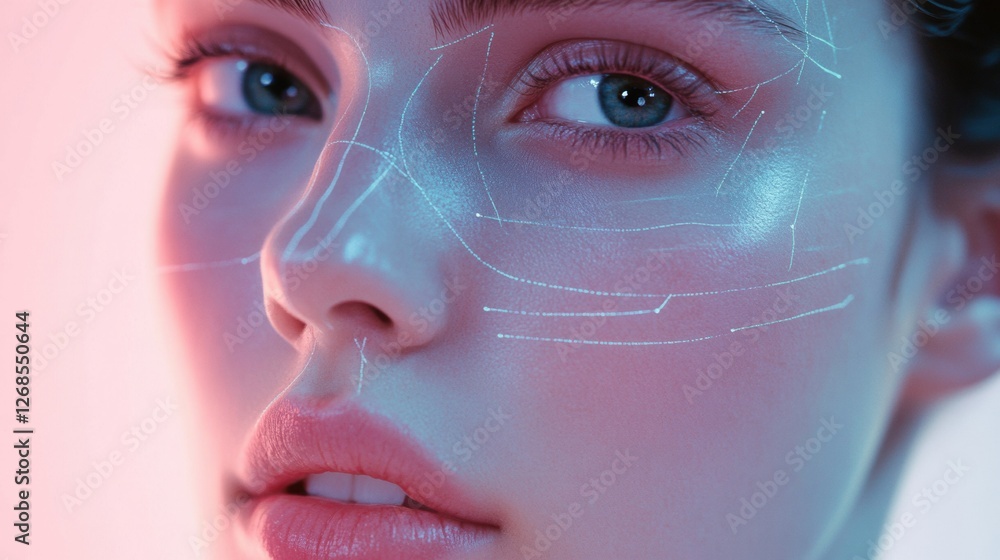 Fototapete close up of a womans face with futuristic lines and neon lighting creating a modern artistic effect.