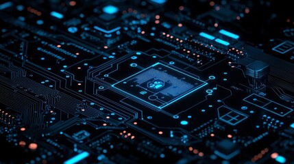 Fototapeta premium Futuristic Microchip Circuit Board with Glowing Pathways and Central Processor