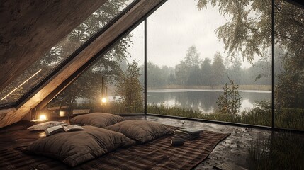 Fototapeta premium Cozy Rainy Day Retreat Lake View from a GlassWalled Cabin