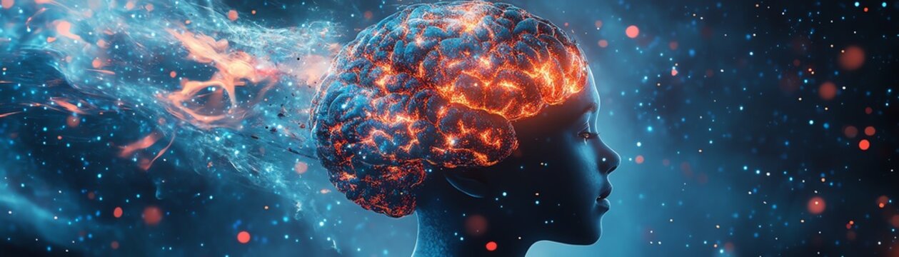 Surreal image of too much data and information exploding from a young brain