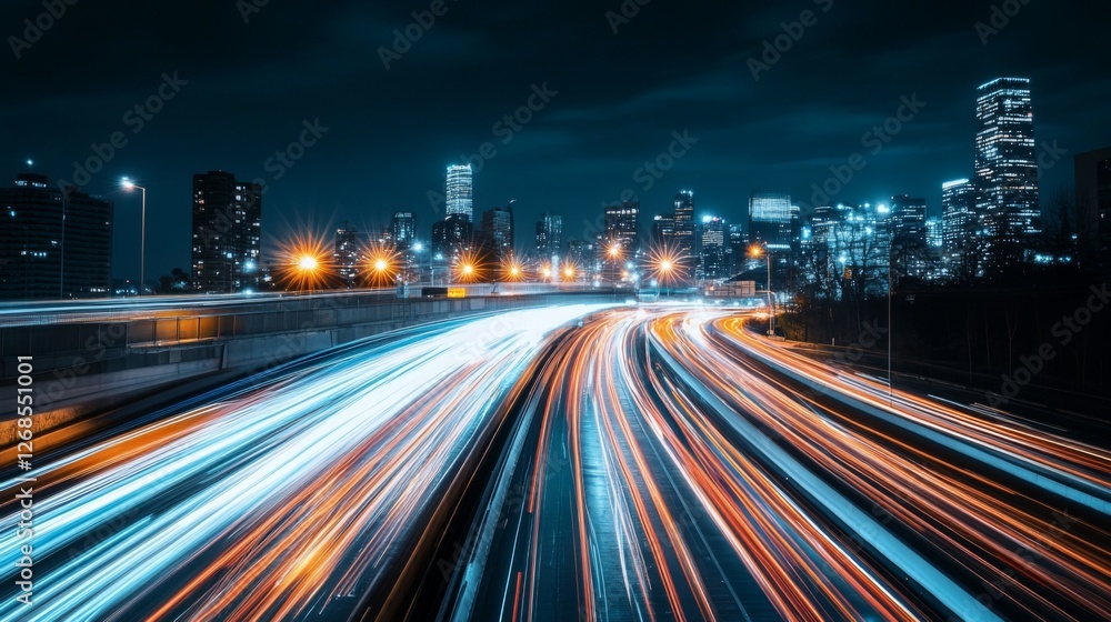 Poster a scenic view of a bustling highway at night, with streams of car lights creating vibrant trails aga