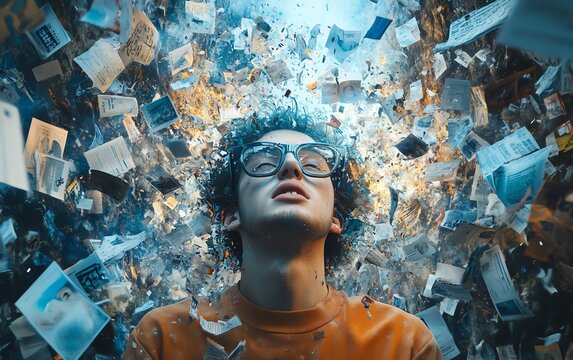 Too much information and media exploding from the head of a young person