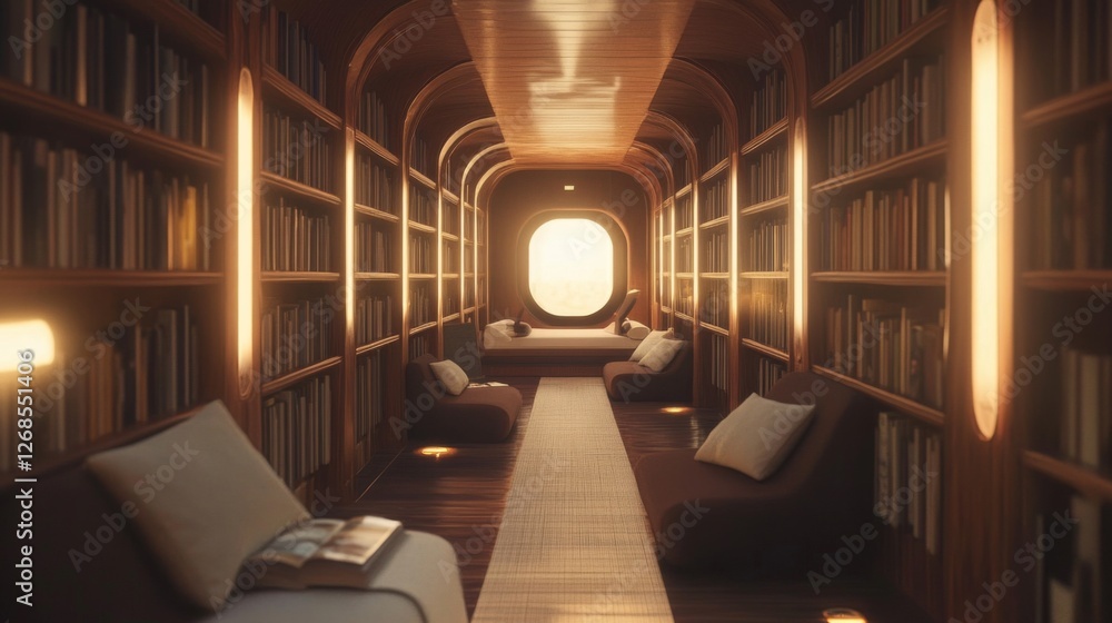 Aufkleber a serene hallway lined with bookshelves, soft lighting, and a comfortable reading nook at the end, c