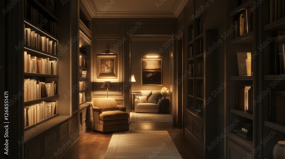 Aufkleber a serene hallway lined with bookshelves, soft lighting, and a comfortable reading nook at the end, c