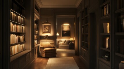 A serene hallway lined with bookshelves, soft lighting, and a comfortable reading nook at the end, creating an inviting space for relaxation and leisure