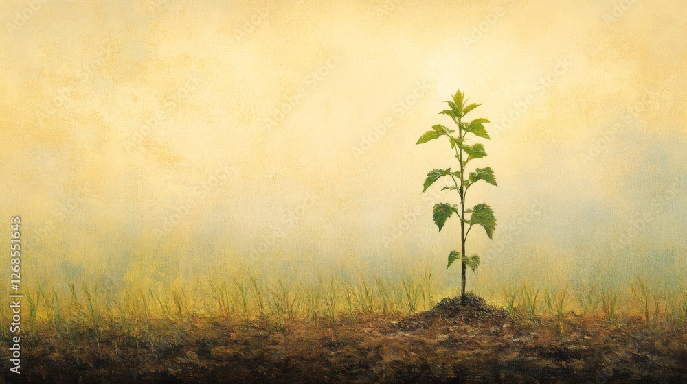 Poster a serene image of a freshly planted sapling in a peaceful meadow, with dew-covered grass and soft mo