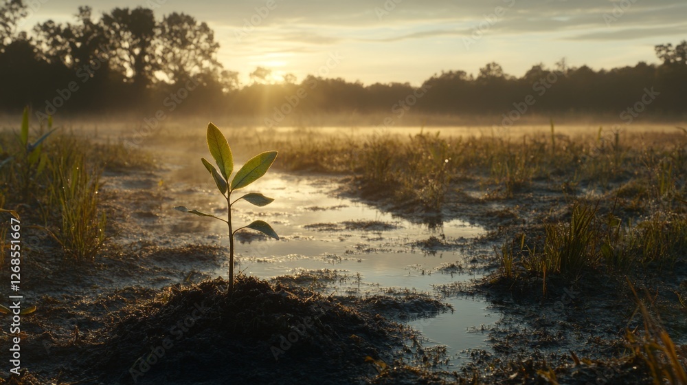 Poster a serene image of a freshly planted sapling in a peaceful meadow, with dew-covered grass and soft mo
