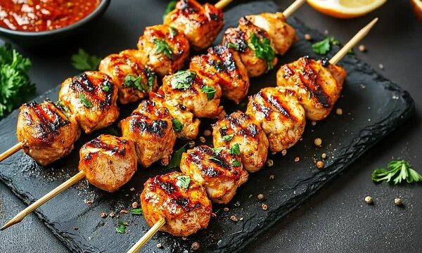 Savory Chicken Satay with Fragrant Herbs and Spices on a Grey Background