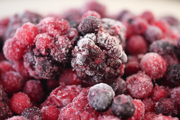 Frozen mixed berries on display in a close-up view
