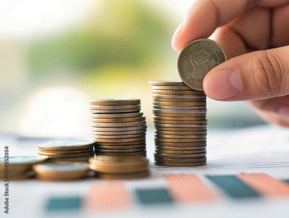 Poster hands stacking coins financial report concept. stacks of coins being arranged with a hand, represent