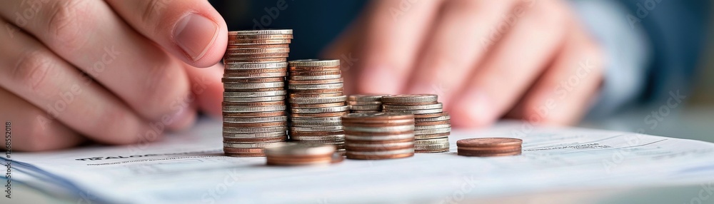 Poster hands stacking coins financial report concept. hands counting coins on a table with financial docume