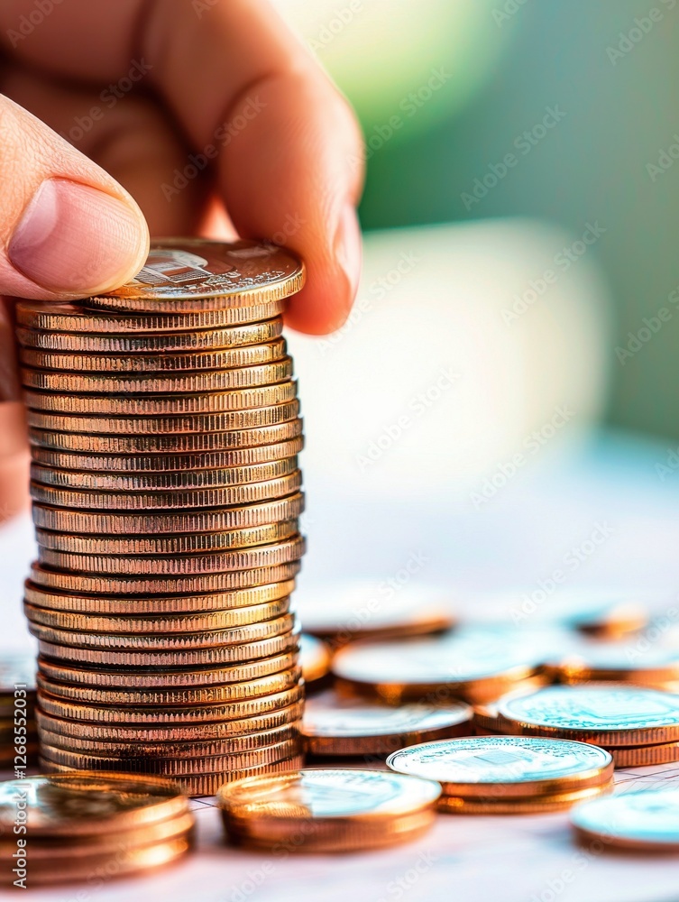 Poster hands stacking coins financial report concept. a hand stacking coins on a table with more coins scat