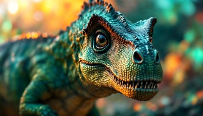 Fototapeta premium Close-up of a Detailed Green Dinosaur with Forest Bokeh Background
