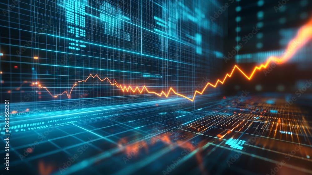 Poster A sleek D line graph with sharp, glowing edges and a steady upward trajectory, set against a futuristic digital grid background