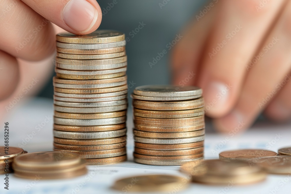 Poster hands stacking coins financial report concept. stacked coins with hands arranging them, symbolizing 