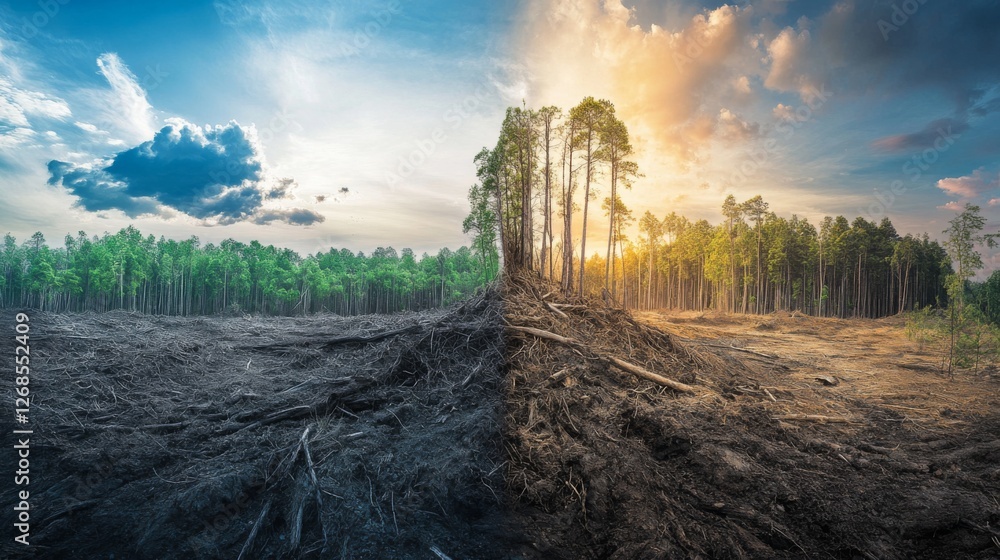 Poster A stark contrast between a vibrant forest and an area devastated by logging, emphasizing the impact of human activity on natural ecosystems and global warming