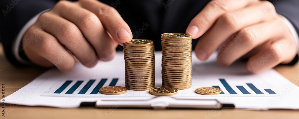 Poster hands stacking coins financial report concept. hands analyzing financial data with gold coins and ch