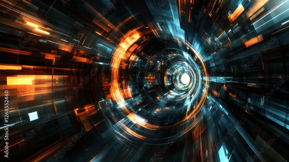 Poster abstract tunnel of glowing lines and shapes in dark blue and orange hues creating a futuristic patte