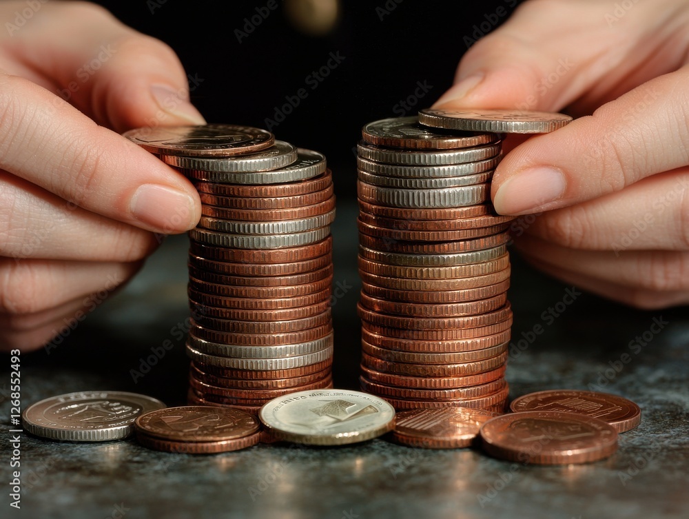 Poster hands stacking coins financial report concept. hands stacking coins into piles on a surface, showcas