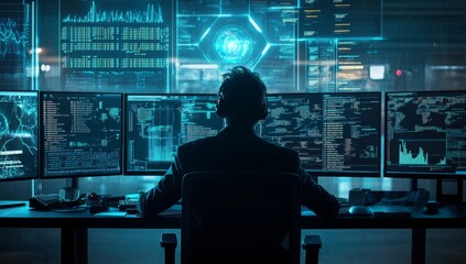 Hacker monitoring digital data streams in dark control room
