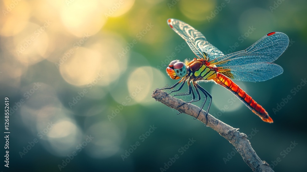Poster a striking macro shot of a dragonfly perched on a twig, showcasing its iridescent wings and vibrant 