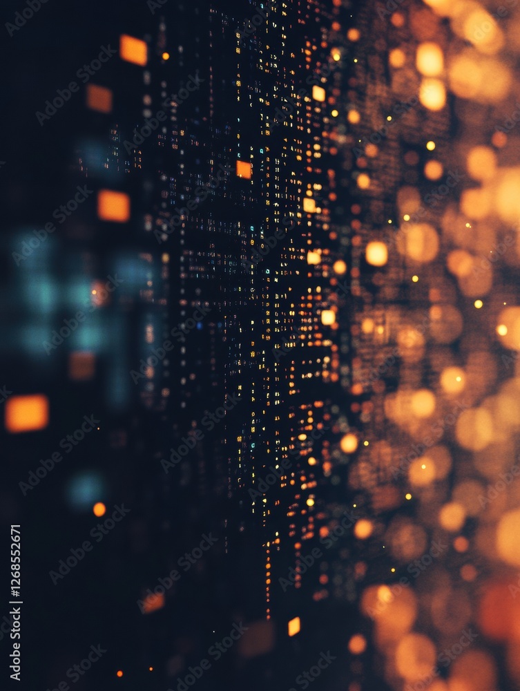 Poster Dynamic digital abstract with glowing particles illuminated in dark background evoking a sense of technology and innovation. Generative AI