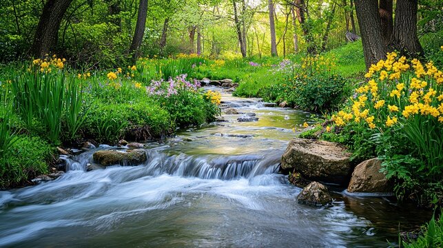 A vibrant spring nature scene with a flowing stream, flowers blooming, and birds singing in the trees