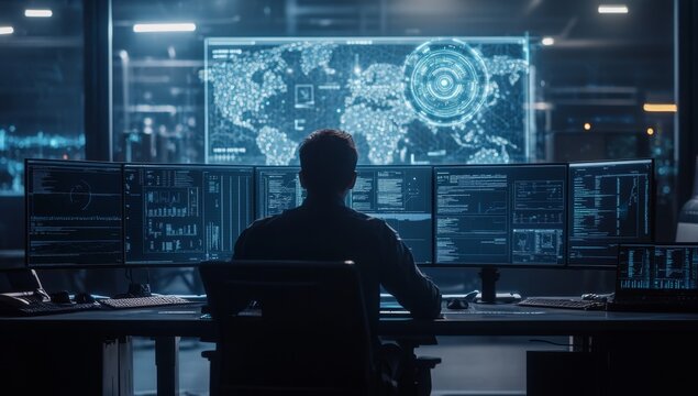 Hacker monitoring global network security in a dark server room