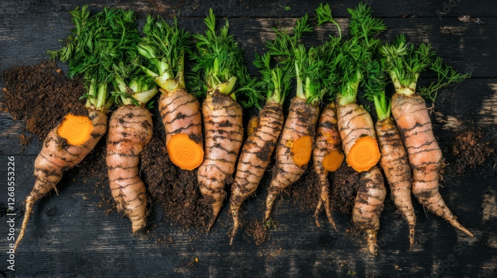 Poster A top-down view of freshly harvested turmeric roots with dirt still clinging to them, showcasing the connection between farm and table in a rustic setting