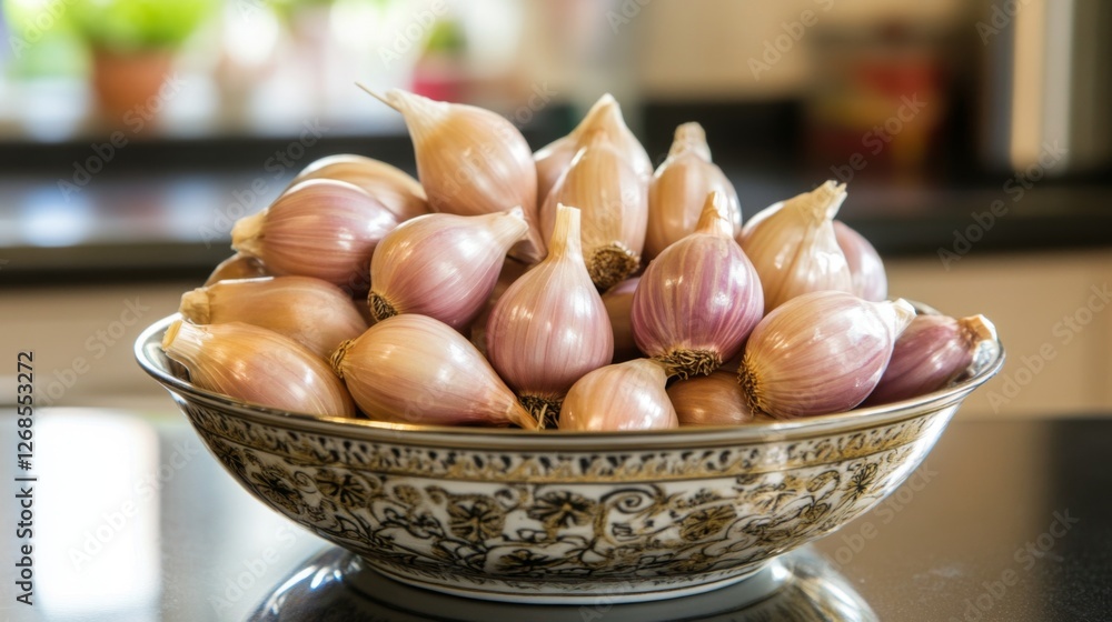 Poster a top-down view of peeled shallots in a decorative bowl, highlighting their glossy surface and rich 