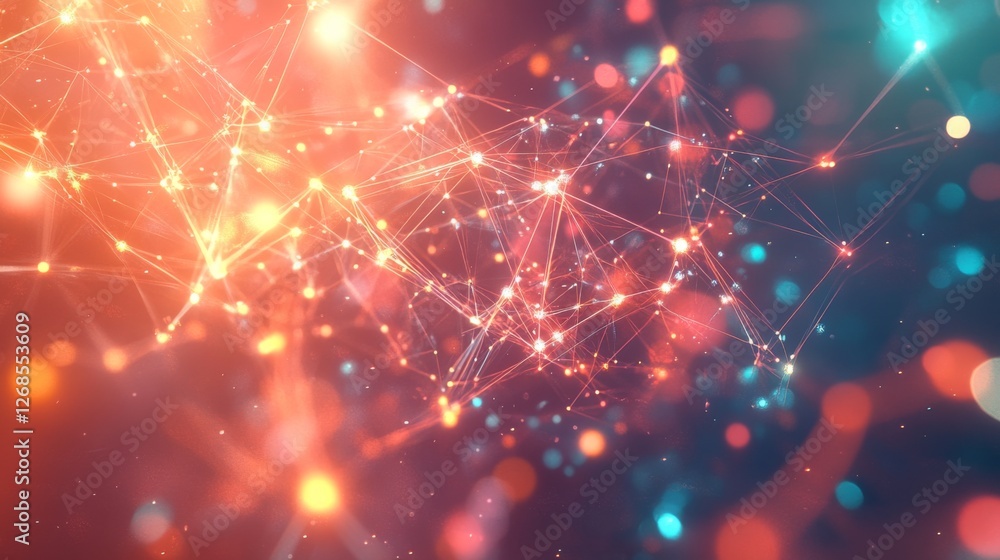 Poster A vibrant D stock market graph with interconnected nodes and lines showing a steep upward trend, set against a high-tech, glowing background