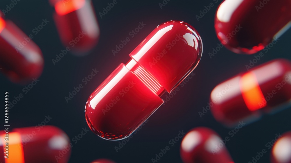 Poster exploring red capsules digital environment 3d rendering scientific concept isolated on black backgro