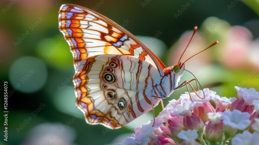 Poster A vibrant macro shot of a colorful butterfly resting on a flower, highlighting its delicate wings and intricate patterns in bright sunlight