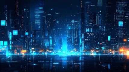 Futuristic Cityscape at Night Neon Lights and Digital Architecture