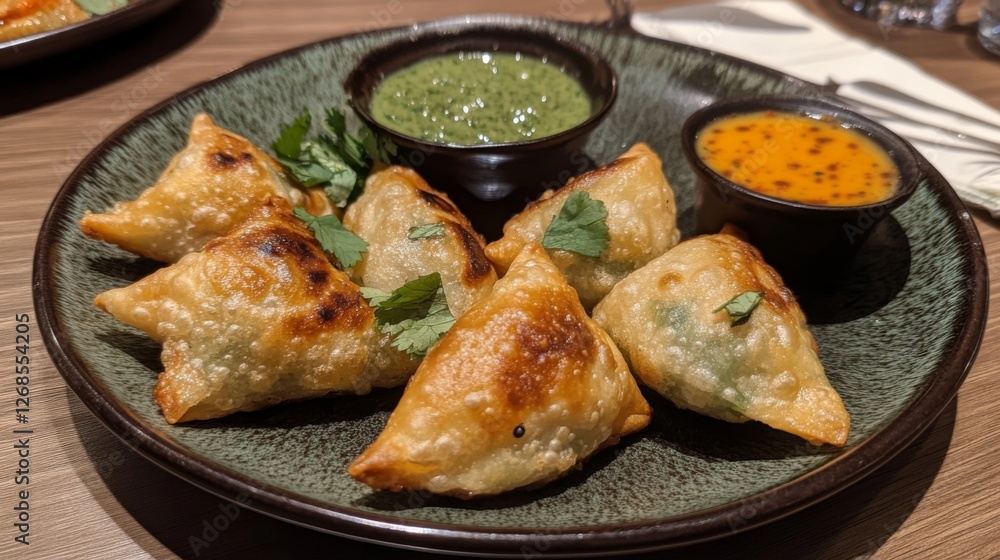 Wall mural A vibrant plate of vegetable samosas, golden brown and crispy, arranged with a side of mint chutney and tangy tamarind sauce, highlighting popular Indian appetizers