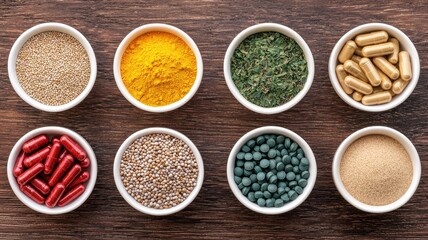 Exploring colorful spices and supplements kitchen counter food photography rustic setting top view culinary art