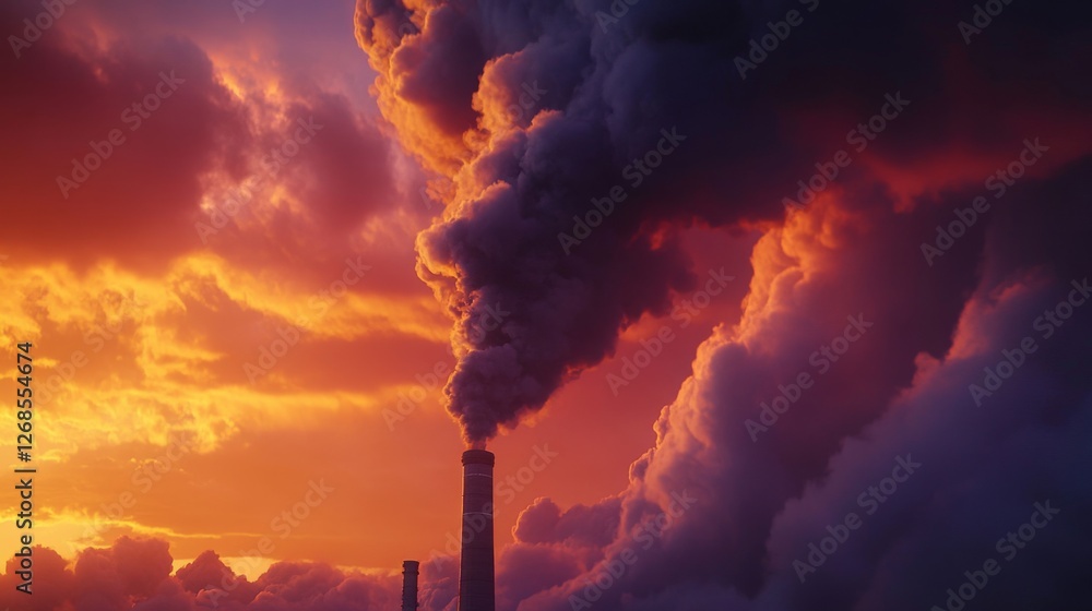 Poster black smoke slowly dispersing into the atmosphere from a factory stack, mixing with a dramatic sunse