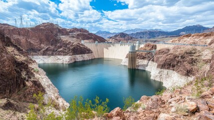 A wide-angle view of a dam and its reservoir, showcasing the natural landscape, with mountains in the background and the water glistening in the sunlight