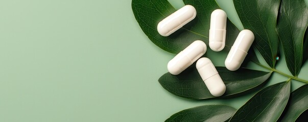 Natural health remedies exploring white capsules on green leaves in a minimalist environment