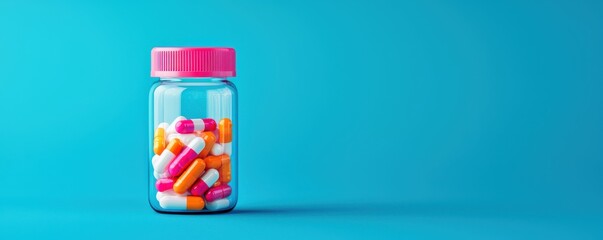 Colorful capsules in a transparent jar on a blue background pharmaceutical product photography clean environment
