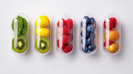 Vibrant fruit capsules modern kitchen food photography minimalist style top-down perspective healthy concept