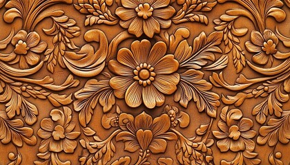 A detailed wood carving pattern with floral motifs, showcasing the artistry of traditional leatherwork and craftsmanship in high resolution.