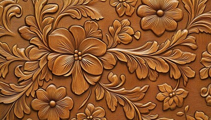 A detailed wood carving pattern with floral motifs, showcasing the artistry of traditional leatherwork and craftsmanship in high resolution.