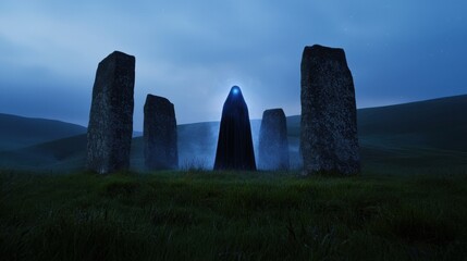 A cloaked figure stands within a stone circle as dusk falls. The atmosphere is eerie, with fog enveloping the stones, creating a mystical aura
