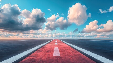 A long, red road stretches to a vibrant sky filled with fluffy clouds, symbolizing journey and aspiration.