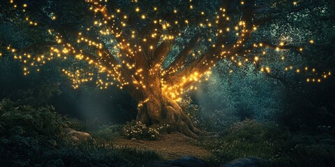 Fototapeta premium An ancient tree with glowing roots and hanging lights in the forest, symbolizing wisdom and healing for the plants.