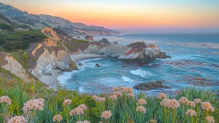 Coastal Sunset Ocean Waves Crashing Against Rocky Cliffs Wildflowers in Foreground