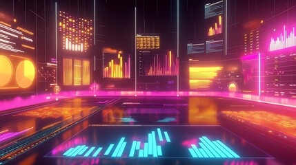 Fototapeta premium Vibrant rendering showing the role of analytics in digital advertising campaigns with glowing dashboards and performance charts