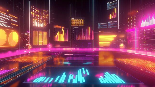 Vibrant rendering showing the role of analytics in digital advertising campaigns with glowing dashboards and performance charts